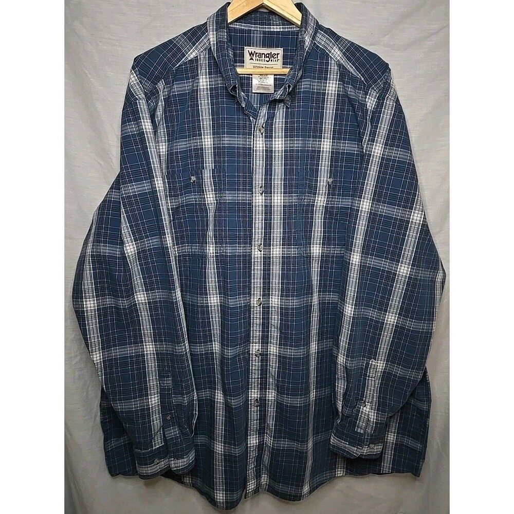 Wrangler Rugged Wear Wrinkle Resist Long Sleeve Button Shirt, Sz 2XT, Plaid Blue